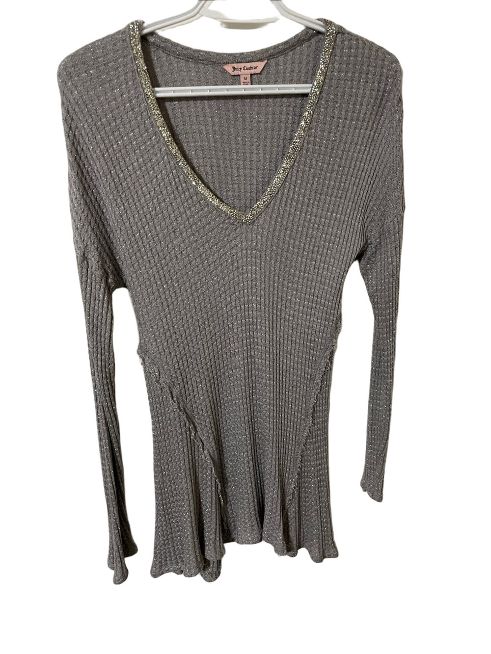 Juicy Couture Long Sleeve V-Neck Grey Top with Metallic Trim Size Medium